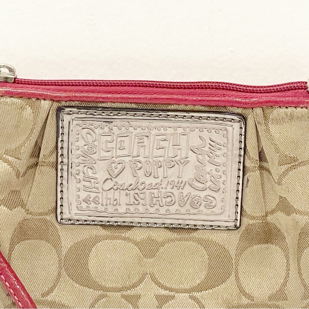 Coach Poppy Jacquard Monogram Signature Small Wristlet Beige Pink Zip Pouch Bag - Picture 2 of 5